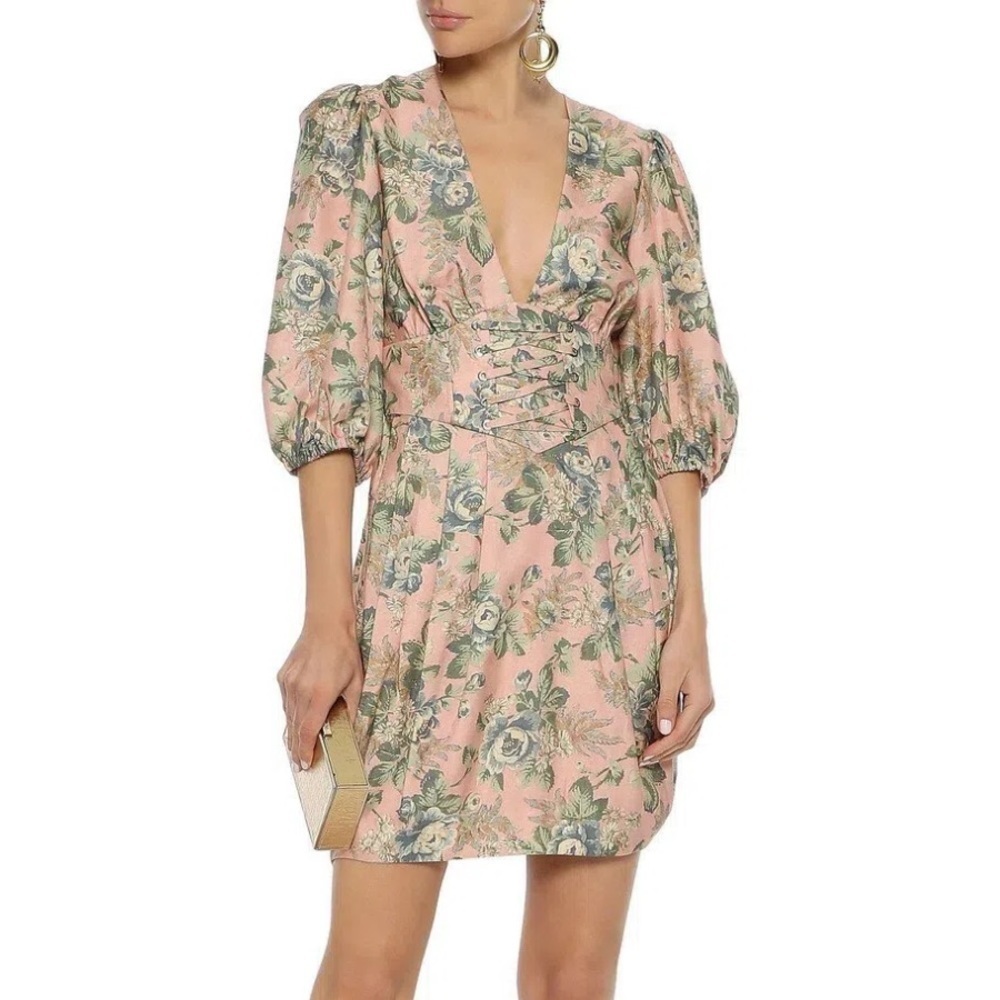 Zimmermann- Tempest Lace Bodice Vintage Floralquarter Sleeve Mini Dress